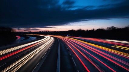 A long exposure shot of red and yellow car lights on a highway in the evening