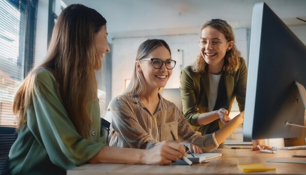 Happy two young female graphic designers discussing with colleague in office. Creative people working together using computer at desk 