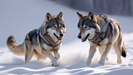 Obraz premium Dynamic Wolf Pair Running Through Pristine Snowy Forest