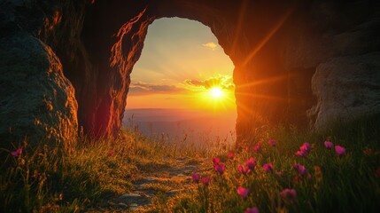 Sunrise casts golden light over the empty tomb, revealing a shroud draped inside and a crucifix nearby, symbolizing resurrection