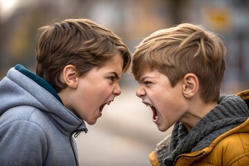 Fototapeta premium Two young boys yelling at each other outdoors during an intense sibling conflict, showcasing rivalry and emotional outbursts.