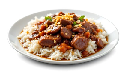 ide Angle of Tender Rendang Served with Fluffy Rice