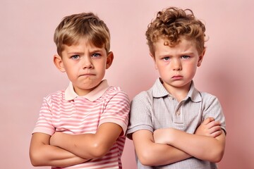 Two young boys standing close with arms crossed and frowning, conveying frustration or sibling disagreements. The pink background enhances the visual focus on their emotional expressions.
