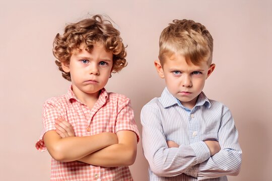  Two boys with upset facial expressions, standing close with arms crossed against a soft beige background. Highlights sibling rivalry or family misunderstandings in a domestic setting.
