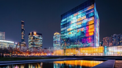 Fototapeta premium night cityscape with illuminated modern building
