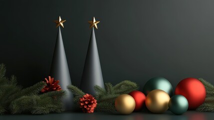 Christmas postcard tamplate from the gray cones and color christmas balls with free copy space for congratulatory text.