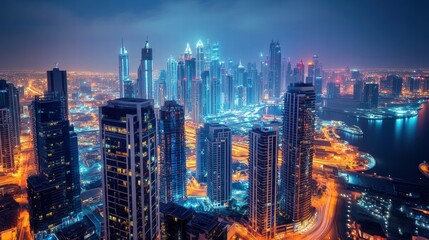 dubai marina night skyline aerial view