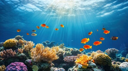 Obraz premium Vibrant underwater scene showcasing colorful coral reefs and diverse fish species.