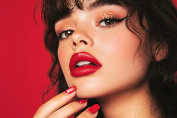 Portrait of young brunette woman with makeup, red lips on red background. Beauty, cosmetics concept