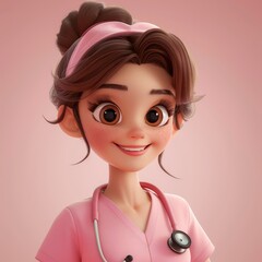 A cartoon illustration of a female nurse with a pink headband, pink scrubs, a stethoscope, and a smile.