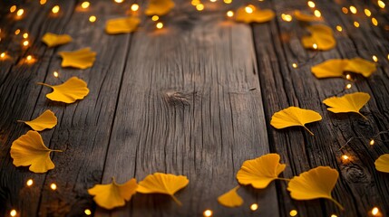 Rustic wooden background with scattered bright yellow ginkgo leaves and warm fairy lights creates a magical glow, with weathered gray wood planks and an atmospheric autumn composition.