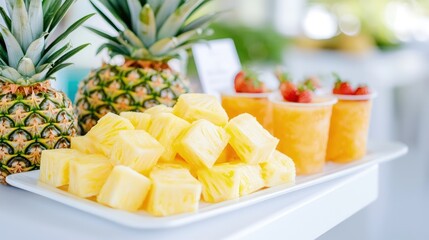 Fresh pineapple chunks and strawberry puree.