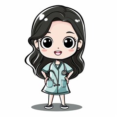 A cute cartoon illustration of a female doctor with black hair and a stethoscope.
