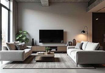 Gray sofa and tv unit in loft interior design of modern living room
