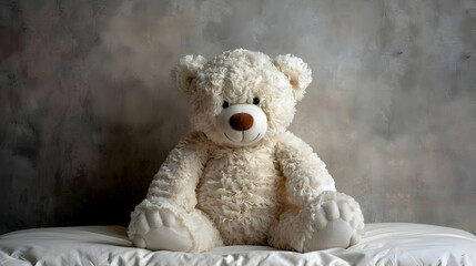 Cream Teddy Bear Plush Toy on Bed, Illustration