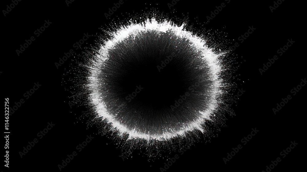 Aufkleber A black circle surrounded by a burst of white particles, creating a striking visual effect.