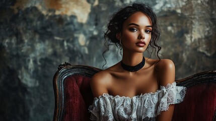 Fototapeta premium Elegant model posing on vintage sofa in studio setting with grunge background