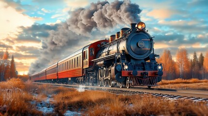 Obraz premium Vintage Steam Locomotive Pulling Red Passenger Car on Scenic Rails at Sunset
