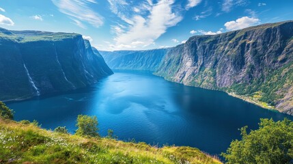 A breathtaking view of a serene fjord surrounded by steep cliffs and clear blue skies.