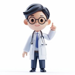 A cartoon doctor wearing a white coat and stethoscope with a finger pointing up, isolated on a white background.
