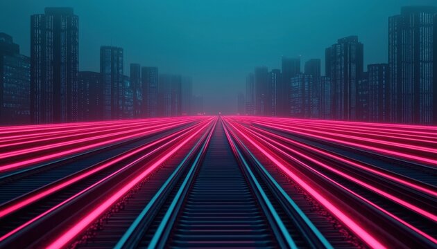 Futuristic Cityscape with Neon Lights and Railway Tracks at Dusk