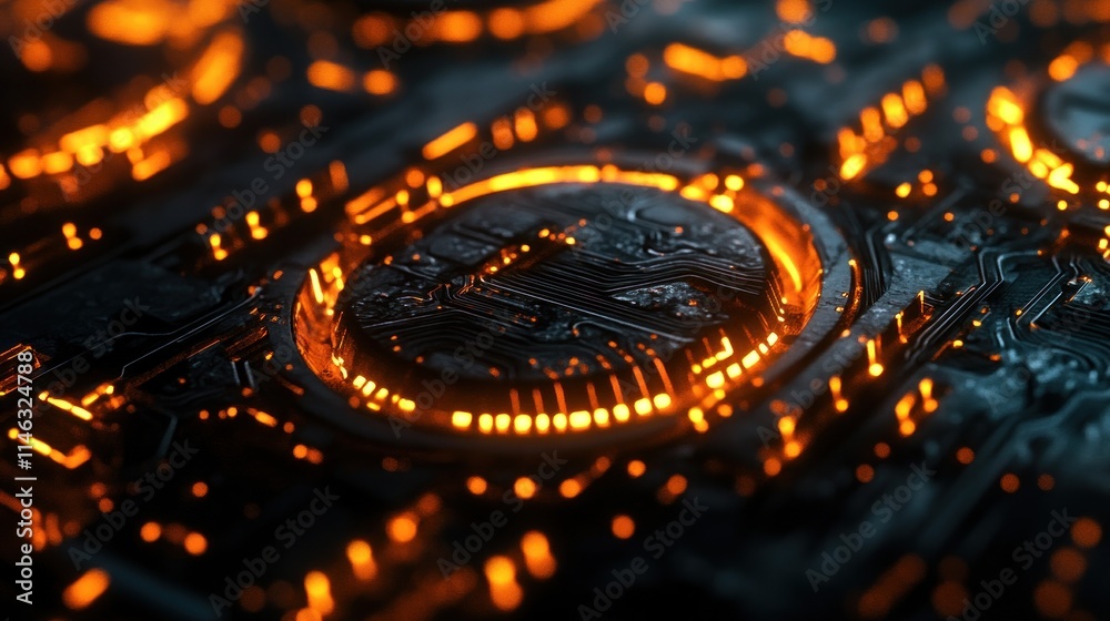 Poster A close-up of a futuristic circuit board with glowing orange elements.