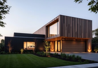 Obraz premium Modern luxury minimalist cubic house, villa with wooden cladding and black panel walls and landscaping design front yard. Residential architecture exterior 