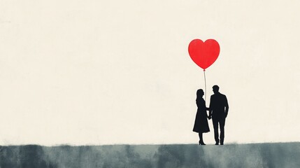 A couple stands hand in hand, each wearing elegant attire, as one holds a vibrant red heart-shaped balloon. The background is softly colored, suggesting a romantic and serene evening atmosphere.