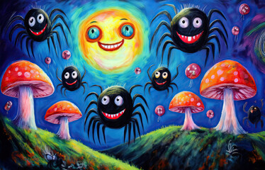 Fototapeta premium Colorful childish drawing featuring playful spiders and a smiling sun