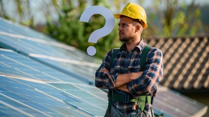 Worker with a question mark on the background of solar panels.