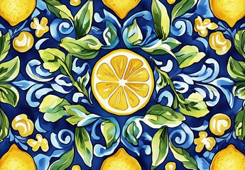 Vibrant lemon and leaf pattern on blue background