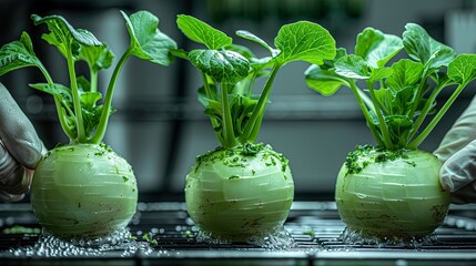 Freshly prepared vegetables with roots and greens, showcasing innovative culinary presentation.