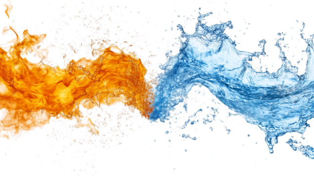 fiery flame partially extinguished by splash of water  isolated on transparent background