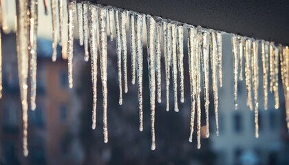  Icicles hanging from a budling in city, danger 