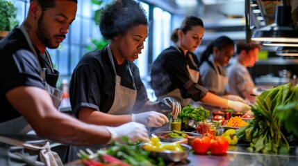 Diverse chefs prepare food in a modern kitchen.