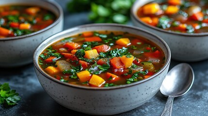 A vibrant vegetable soup served in bowls, garnished with fresh herbs.