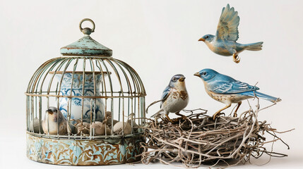Ornate Birdcage with Detailed Porcelain Bird Figures on white background.PNG