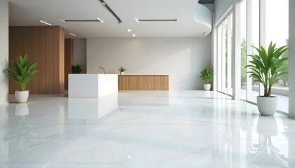 Fototapeta premium A modern, minimalist office lobby with a large, open floor plan. The space features a white marble floor