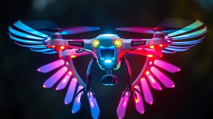Obraz premium Bioluminescent drone with neon feather wings and robotic legs hovering