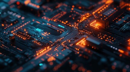 Fototapeta premium A close-up view of a digital circuit board illuminated by glowing orange lights.
