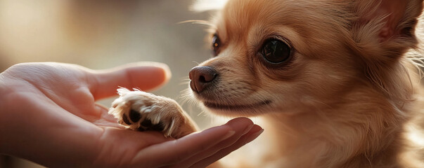 close up of Chihuahua paw being gently held by human hand, showcasing trust and care in warm, natural light setting