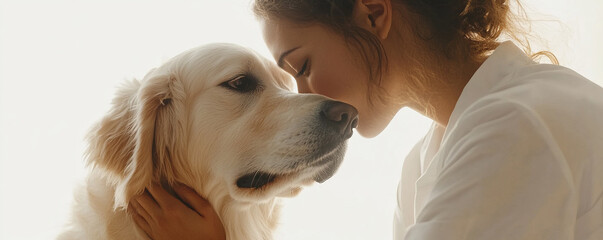 young veterinarian lovingly examines golden retriever, showcasing tender bond between human and dog in warm, serene setting