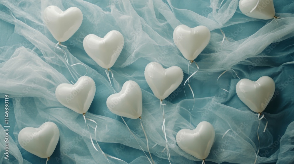 Poster heart-shaped balloons in white gently float against a soft blue background, accompanied by layers of