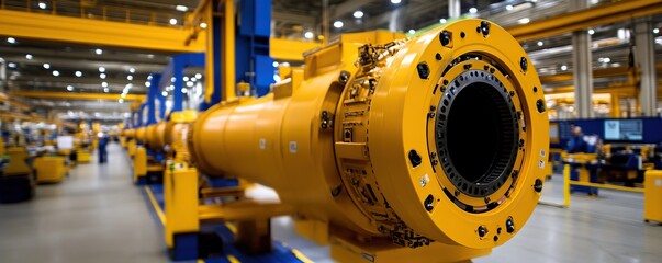 A close-up view of a large, yellow industrial component in a factory setting, showcasing its intricate design and manufacturing environment.