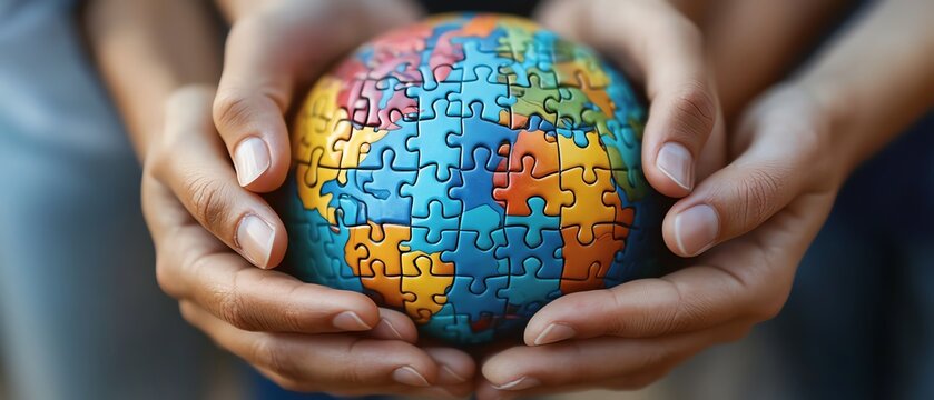 A diverse group of hands, each belonging to different ethnicities, come together to hold a globe made of interlocking puzzle pieces, showcasing teamwork and global harmony