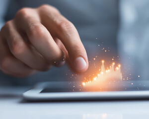 Businessman hand interacting with digital finance, showing growth and innovation