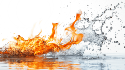 fiery flame partially extinguished by splash of water  isolated on transparent background