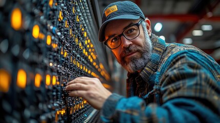Man Interacting With Illuminated Complex Panel