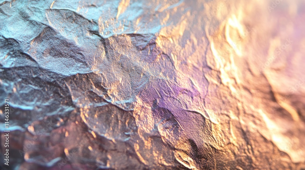 Poster A close-up view of textured metallic surface reflecting light in various hues.