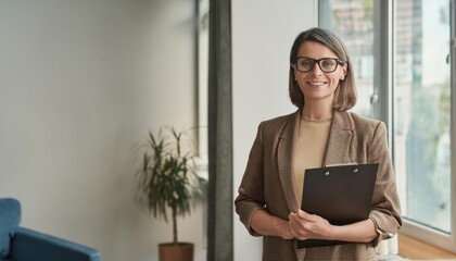 Happy professional female psychologist holding clipboard, looking and smiling at camera